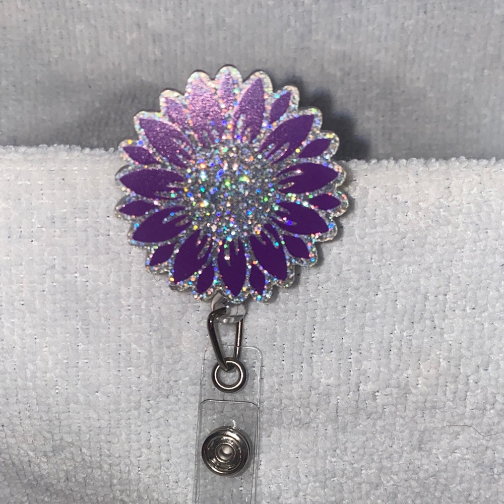 Purple Glitter Flower Badge Reel
